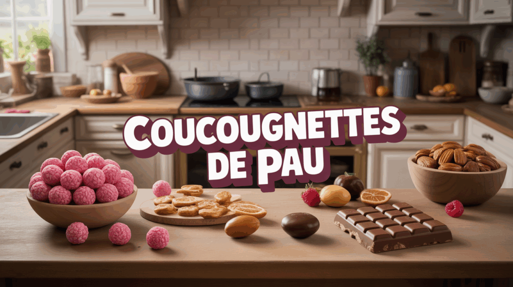 Illustration cuisine conviviale avec coucougnettes de Pau sur table bois