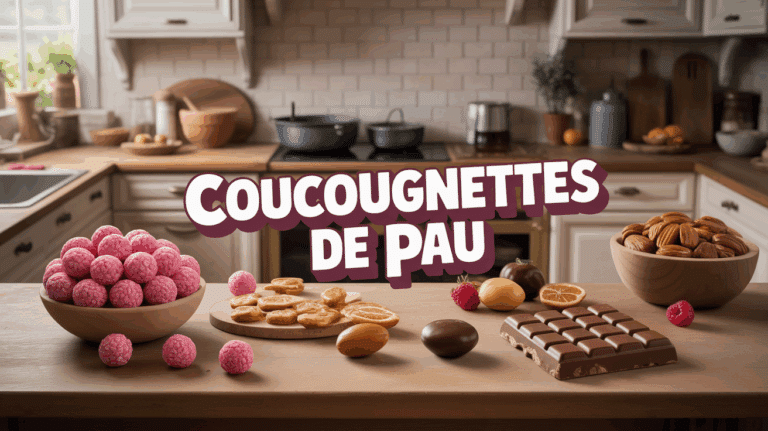 Illustration cuisine conviviale avec coucougnettes de Pau sur table bois