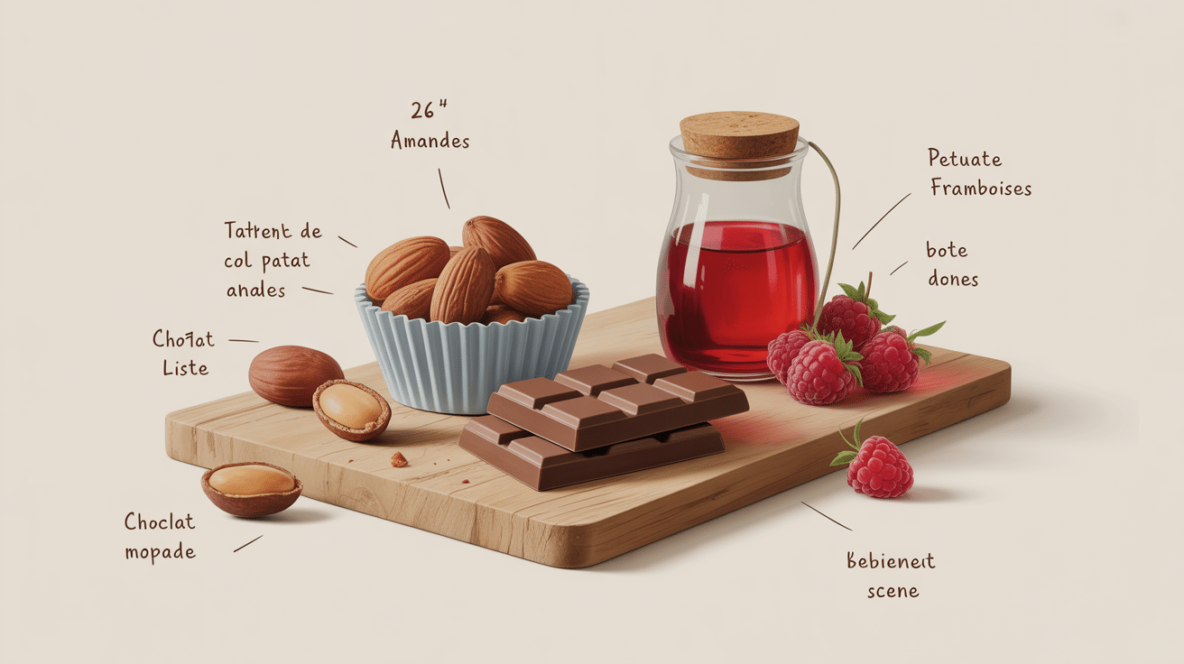 Ingredients coucougnettes de Pau amandes chocolat massepain framboises