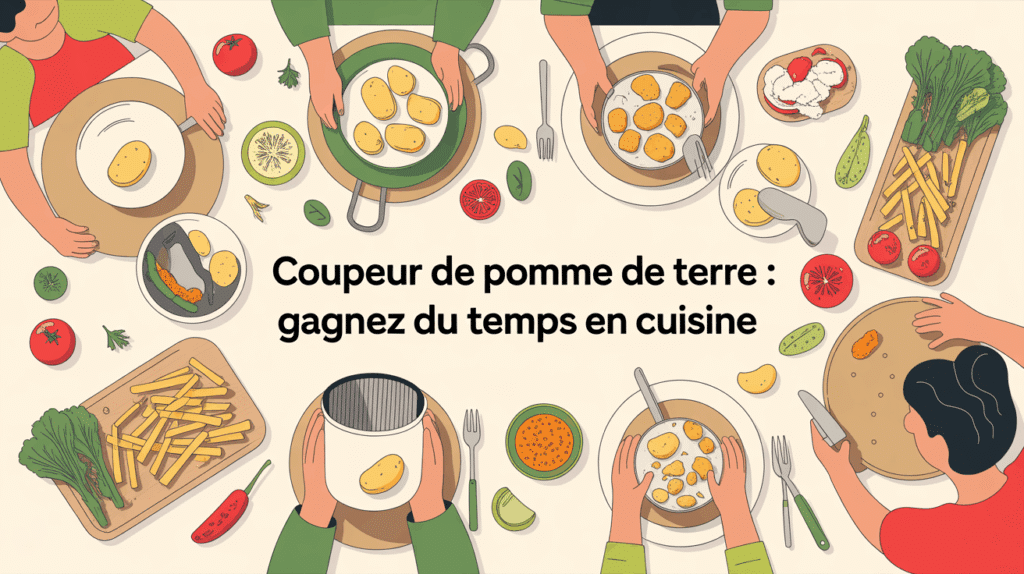 Coupeur de pomme de terre sur table conviviale avec frites dorées