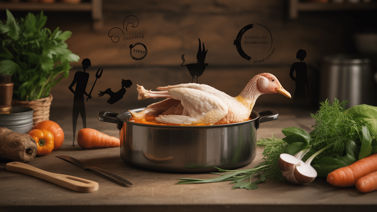 Cocotte en fonte avec carcasse de canard et légumes