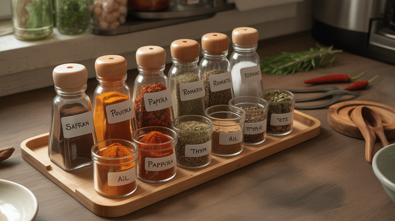 bols d'epices pour paella vue dessus safran paprika thym