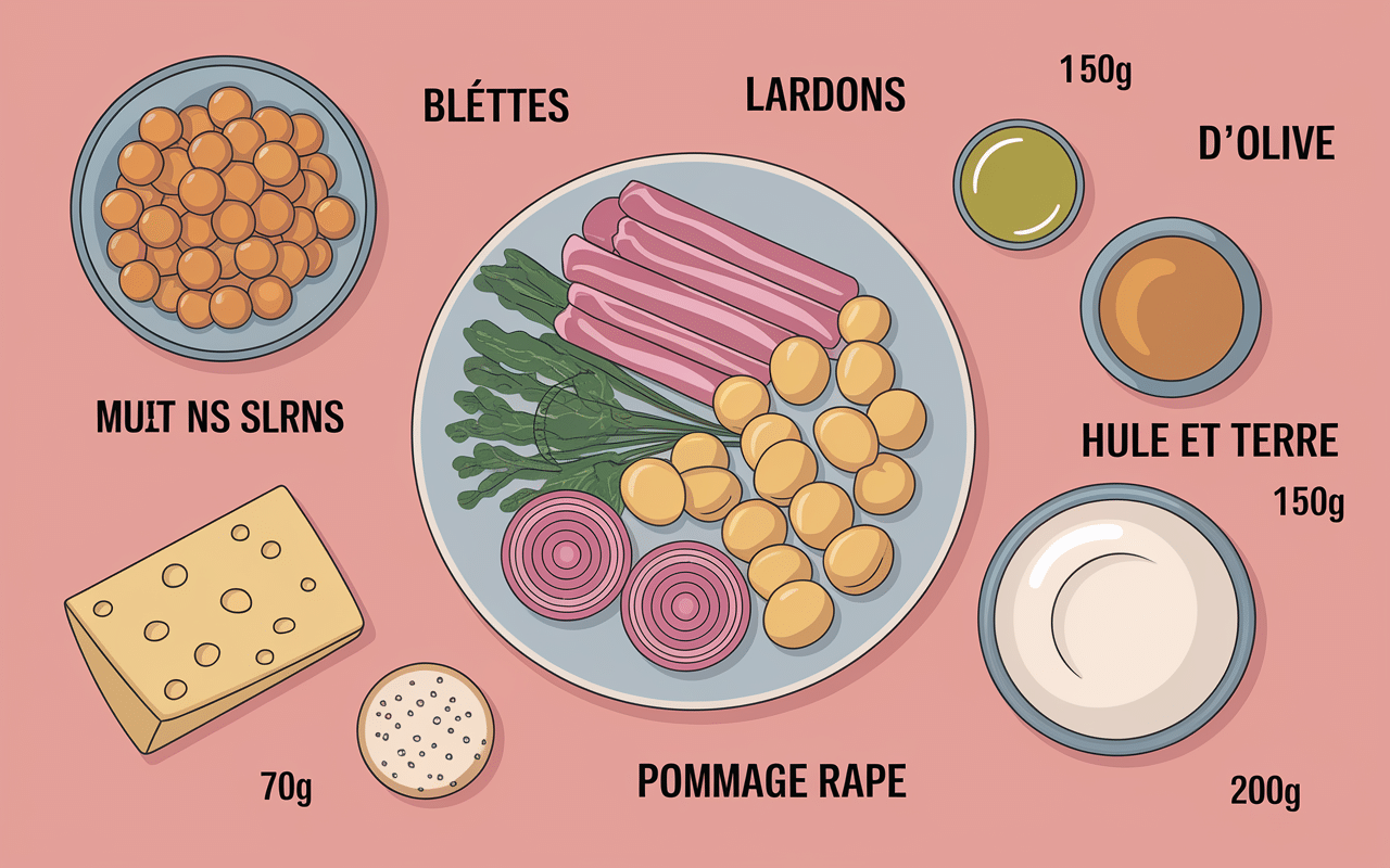 Ingrédients poêlée blettes lardons vue de haut