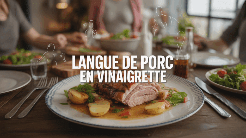 plat de langue de porc en vinaigrette tranchee, table familiale, pommes de terre, salade