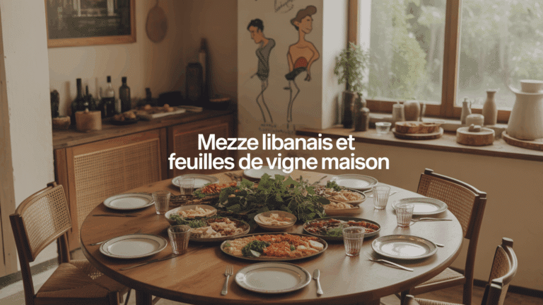 Grande table repas mezze libanais, feuilles de vigne, ambiance conviviale