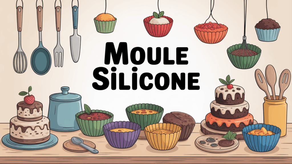 Cuisine avec moules silicone colorés, gâteaux, titre moule silicone