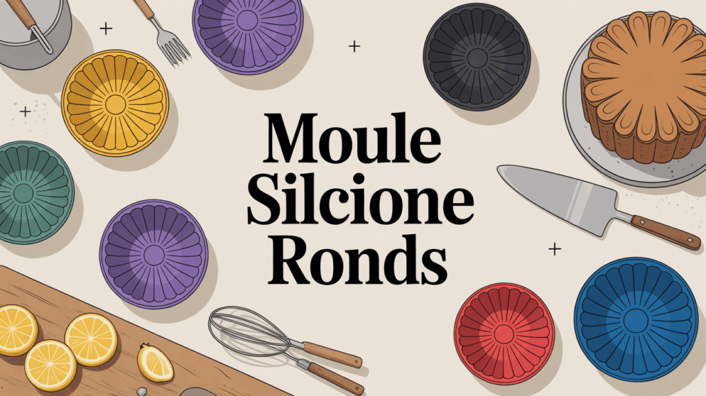 Moule silicone rond colorés sur table avec gâteau démoulé