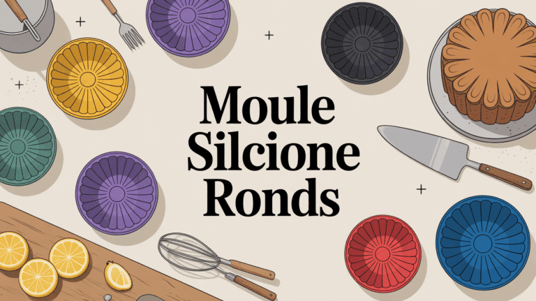 Moule silicone rond colorés sur table avec gâteau démoulé