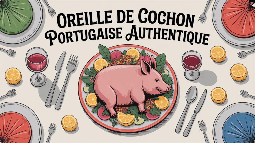 Plat oreille de cochon portugaise en salade sur grande table conviviale