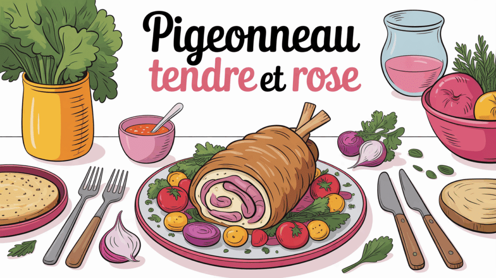 Plat de pigeonneau tendre et rosé avec légumes et sauce