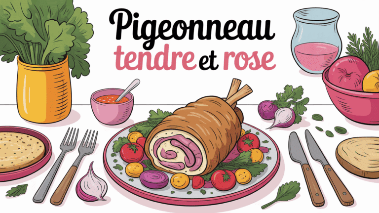 Plat de pigeonneau tendre et rosé avec légumes et sauce