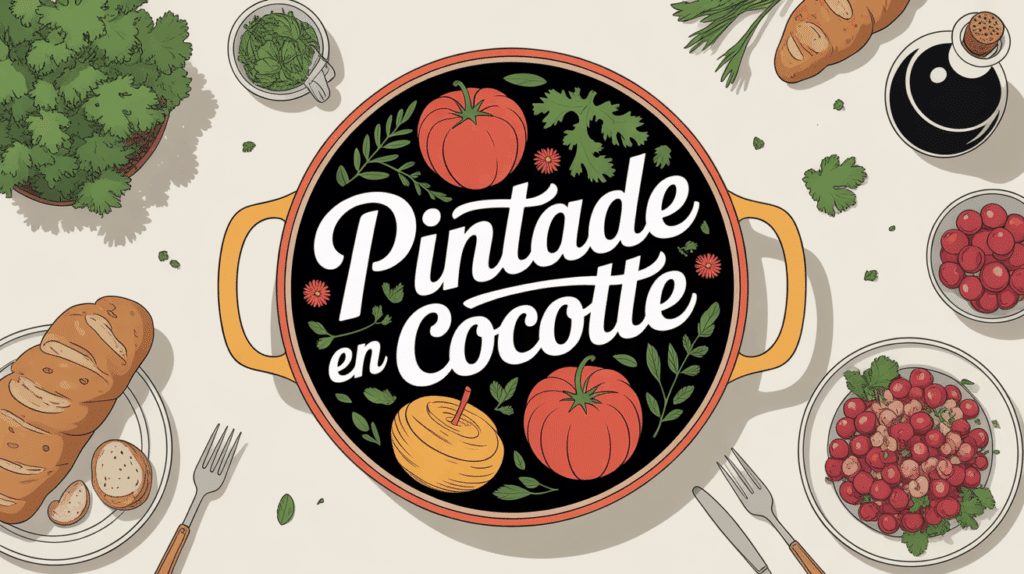 Vue cocotte pintade doree legumes pain vin