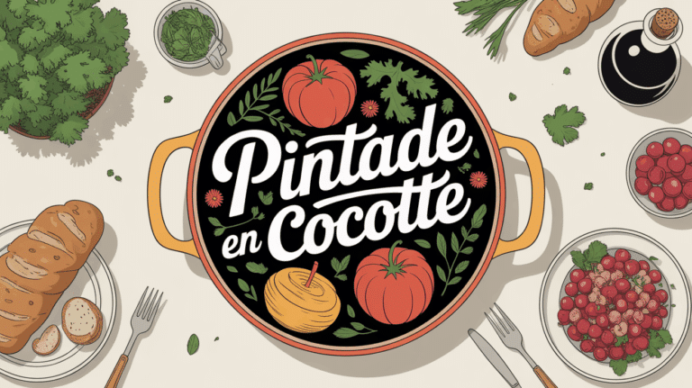 Vue cocotte pintade doree legumes pain vin
