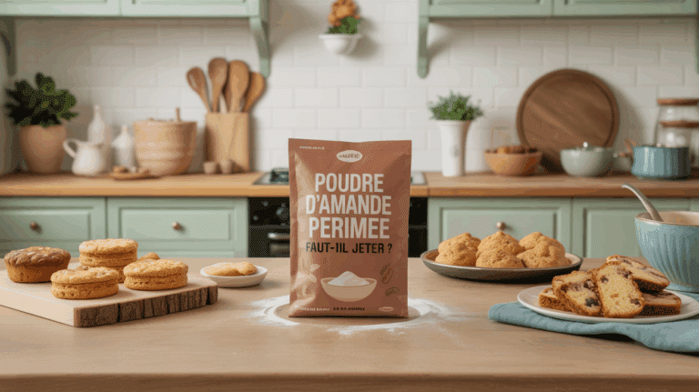 Vu dessus sachet poudre amande périmée cuisine avec pâtisseries SEO