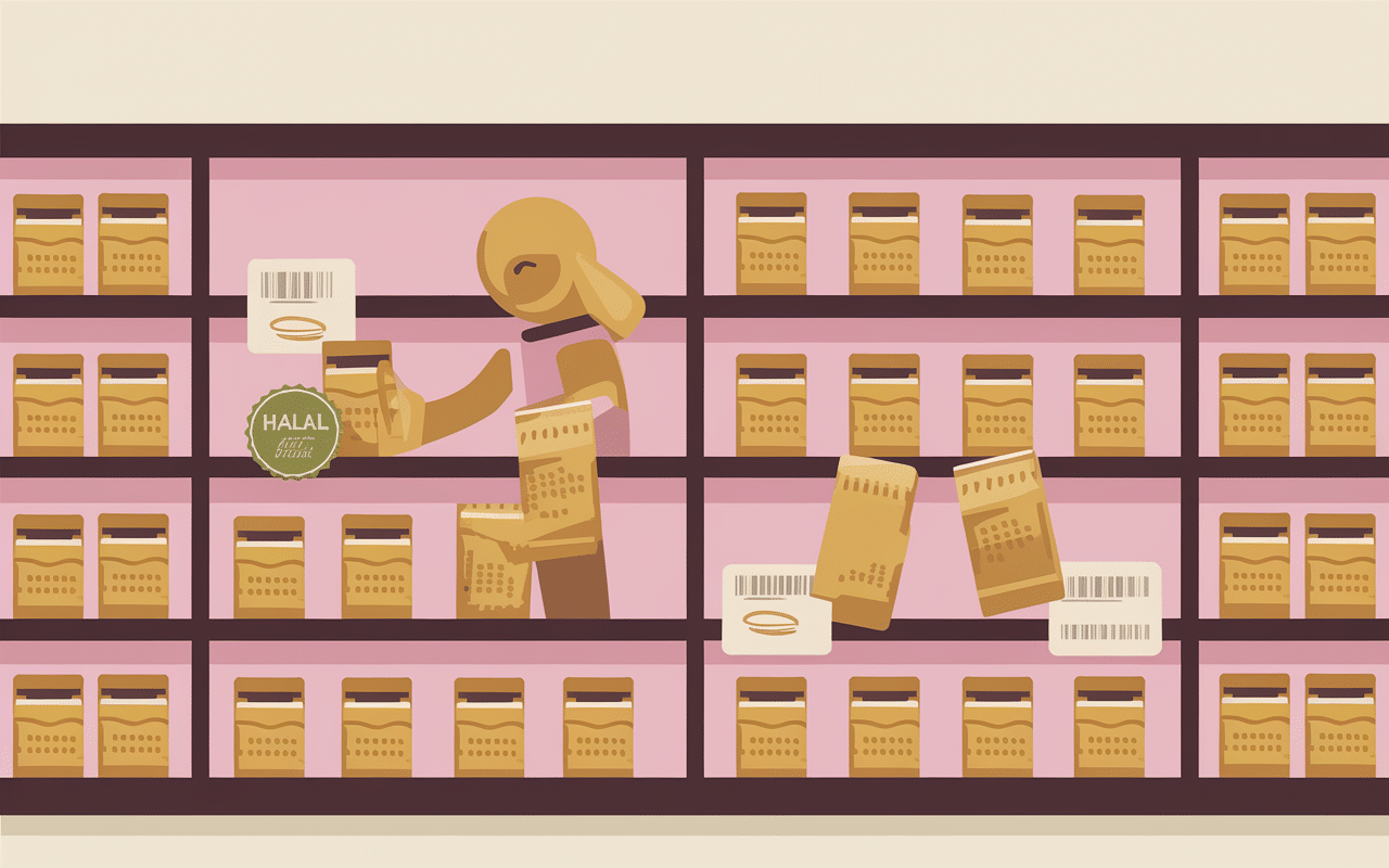 Rayon supermarché, macaronis halal, vérification ingrédients