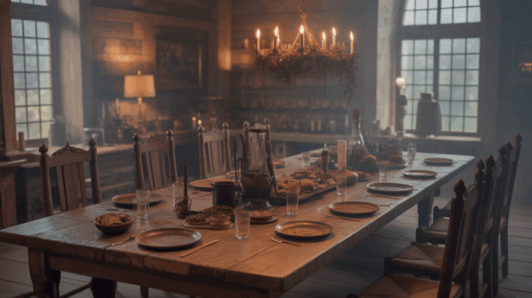 Grande table médiévale avec plats d'époque et chandelles