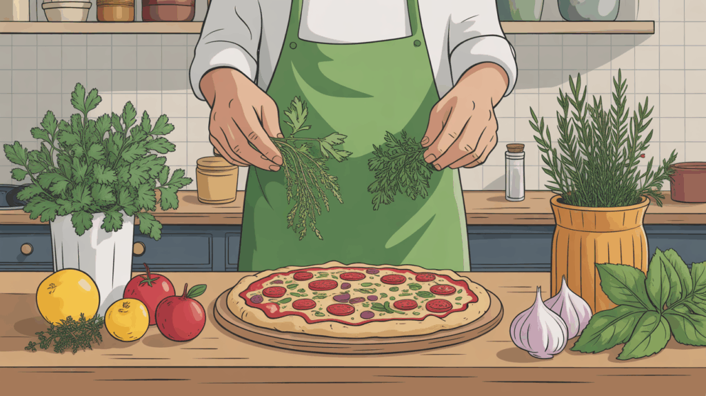 Cuisine chaleureuse, mains déposant herbes aromatiques pour remplacement origan