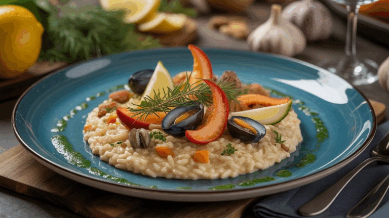 Grand plat de risotto frutti di mare crémeux avec fruits de mer
