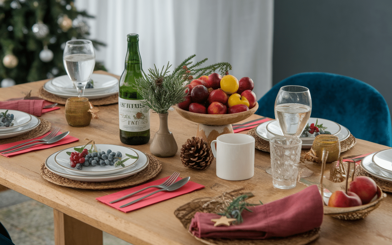 presentation festive de cidre chaud bio sur table d'hiver