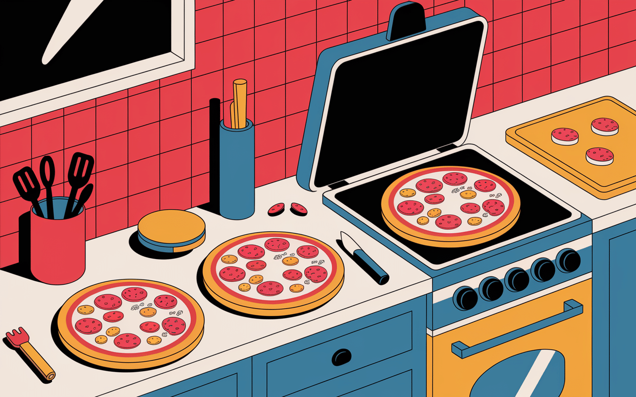 cuisine avec deux pizzas moyennes dimensions et outils