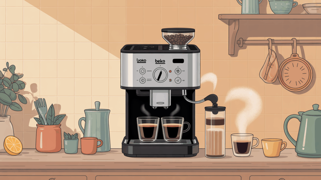 machine a cafe Beko avec voyant orange allume et tasse, illustration entretien