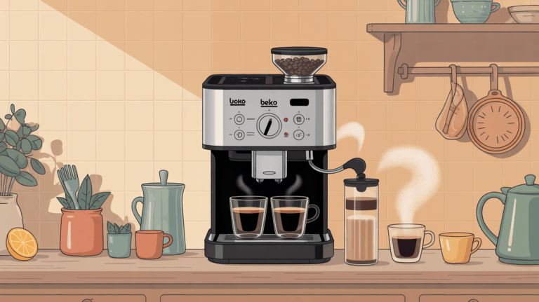 machine a cafe Beko avec voyant orange allume et tasse, illustration entretien