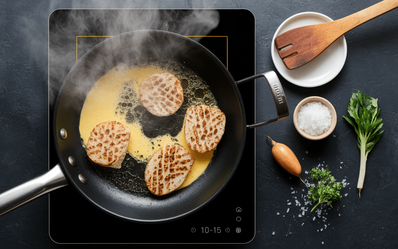 Poêle feu vif cuisson trompette de la mort aromates lyon