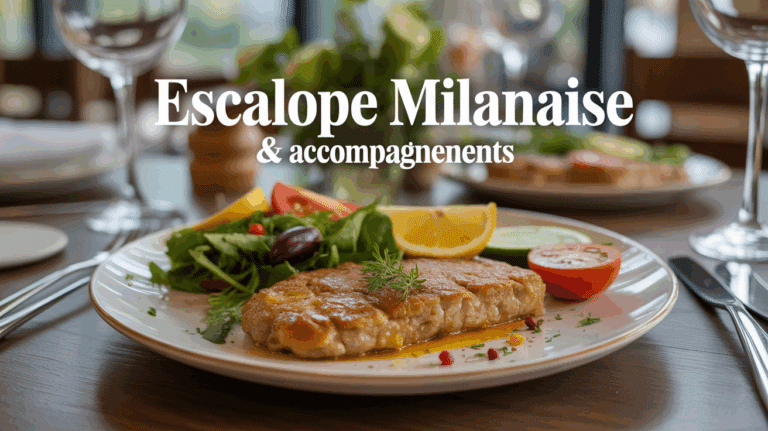 Escalope milanaise dorée, salade verte, tomates, citron, légumes sur table italienne