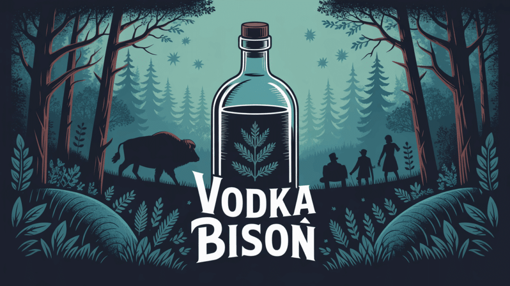 vodka bison bouteille brin herbe sur fond foret polonaise