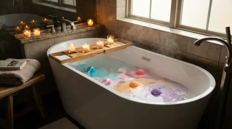 Baignoire moderne avec bath bomb colorées effet relaxation