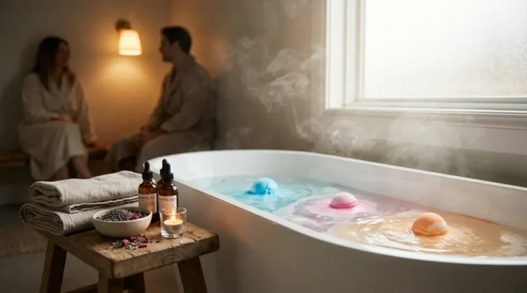 Ambiance bain moderne avec bath bombs et accessoires bien-être cocooning