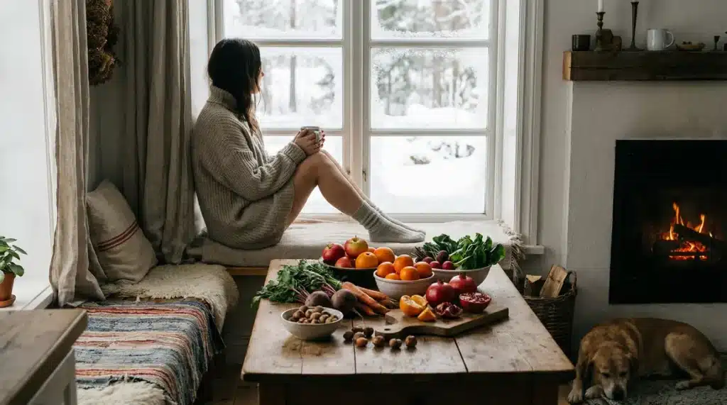 Scène cosy hiver alimentation saine