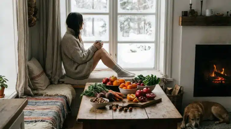 Scène cosy hiver alimentation saine