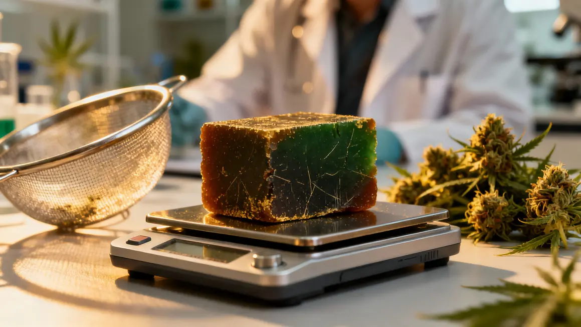 Résine CBD compacte sur balance, fleurs de chanvre
