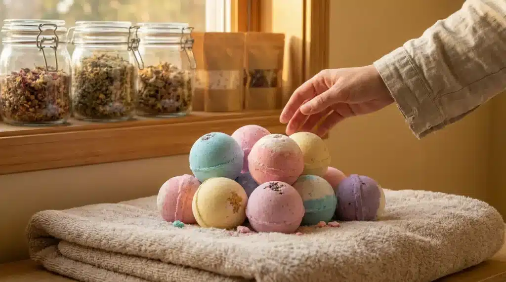 Assortiment de bombes de bain multicolores sur serviette, bocaux hermétiques et sachets anti-humidité