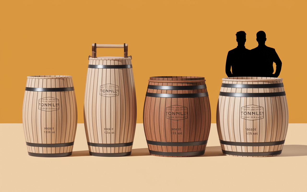 Différents volumes tonneaux en bois, ambiance artisan stock