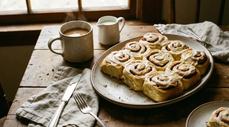 plateau de cinnamon rolls dorés avec glaçage crémeux