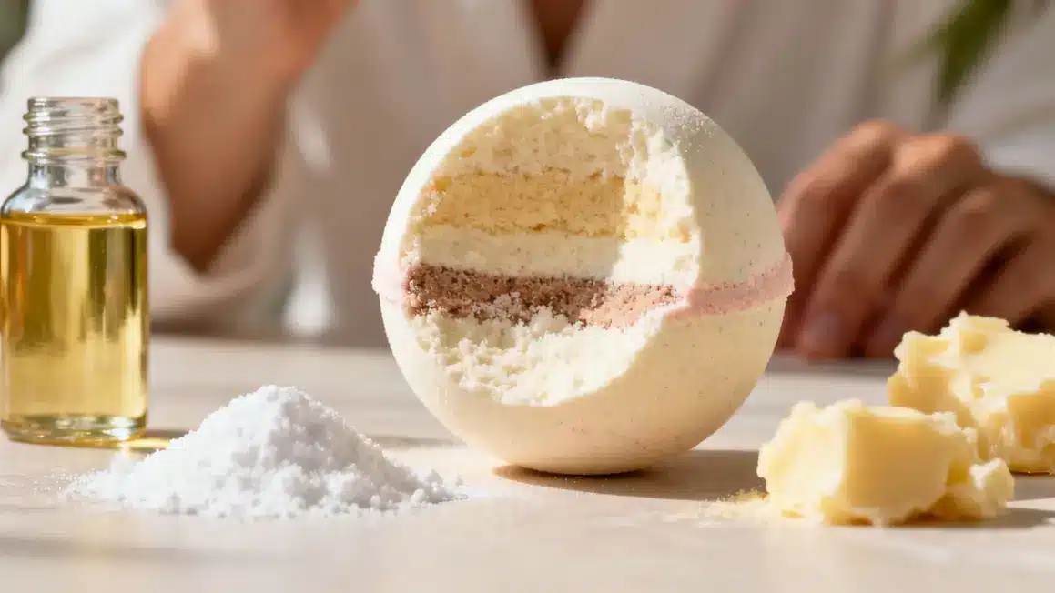 Bombe de bain coupée, ingrédients bicarbonate acide citrique huiles essentielles