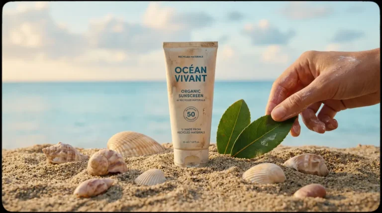 tube creme solaire bio sur sable mer et feuille