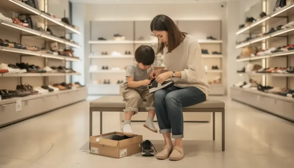 choix chaussures premiers pas enfant avec maman