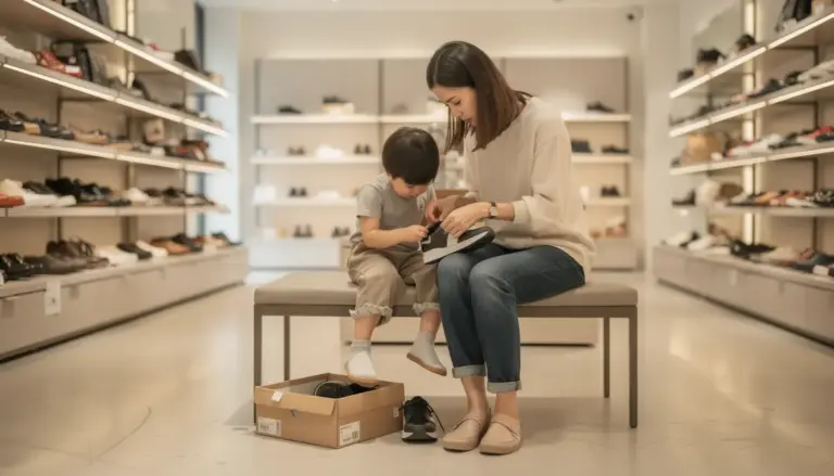 choix chaussures premiers pas enfant avec maman