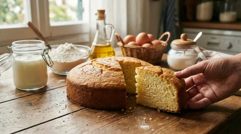 gateau yaourt moelleux tranche et ingredients table cuisine