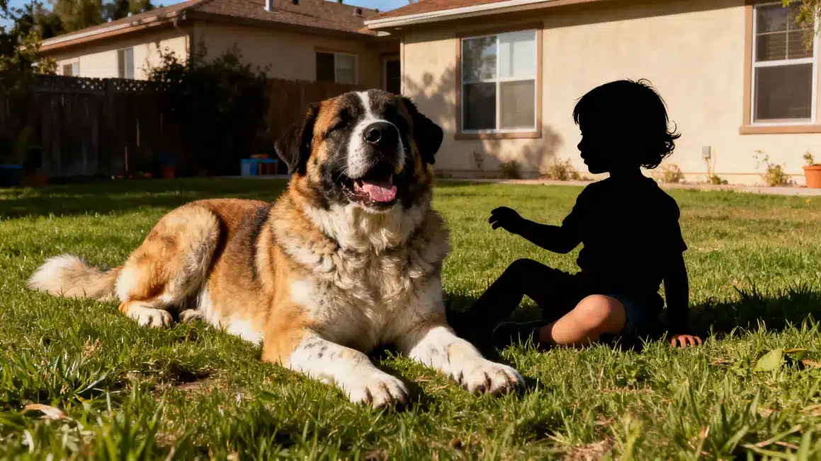 Gros chien joueur près d'un enfant, extérieur