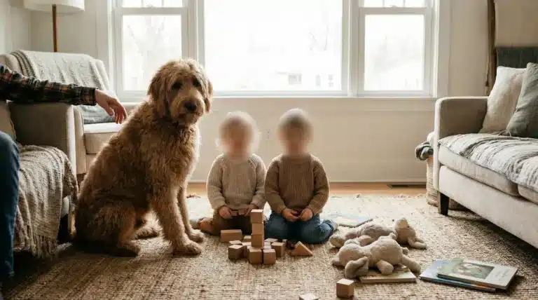 Gros chien calme avec enfants, salon paisible