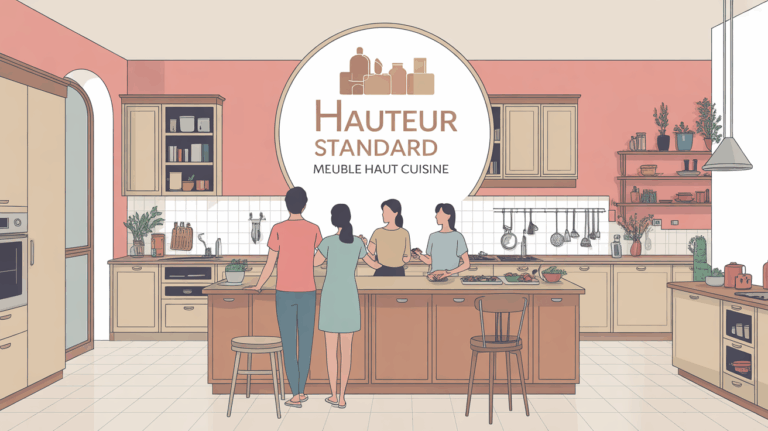 Cuisine moderne avec meubles hauts, familles et plan de travail, hauteur standard meuble haut cuisine