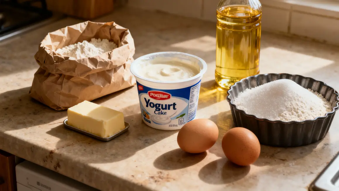 Ingredients gateau yaourt maison sur table