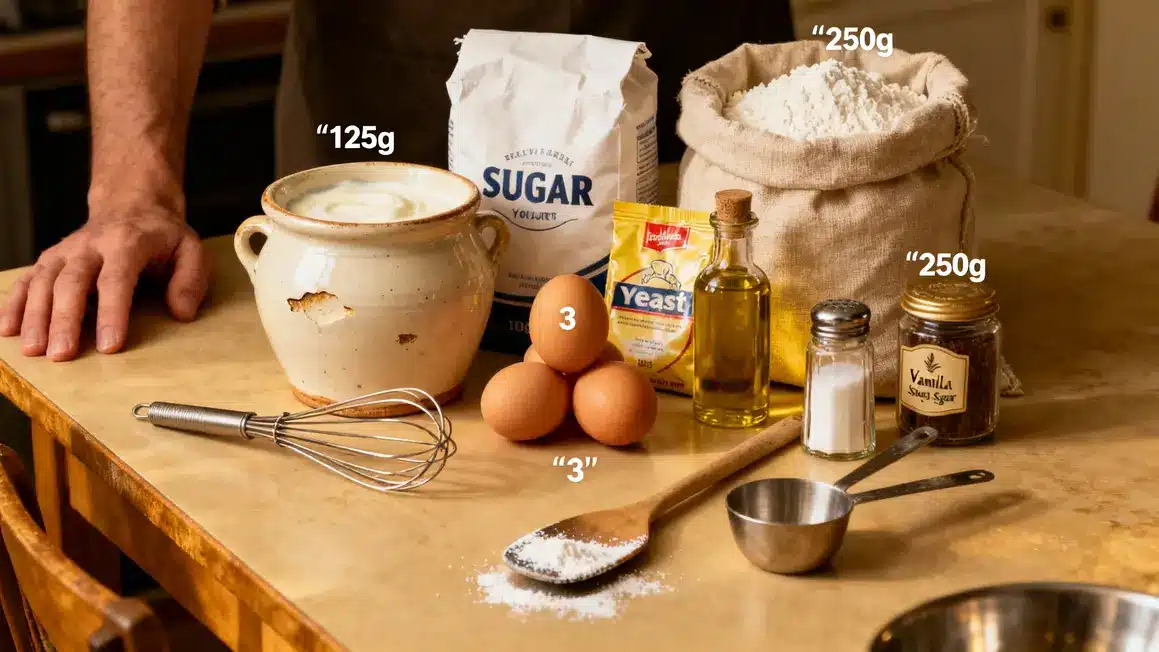 ingredients gateau yaourt doses etiquetees table cuisine