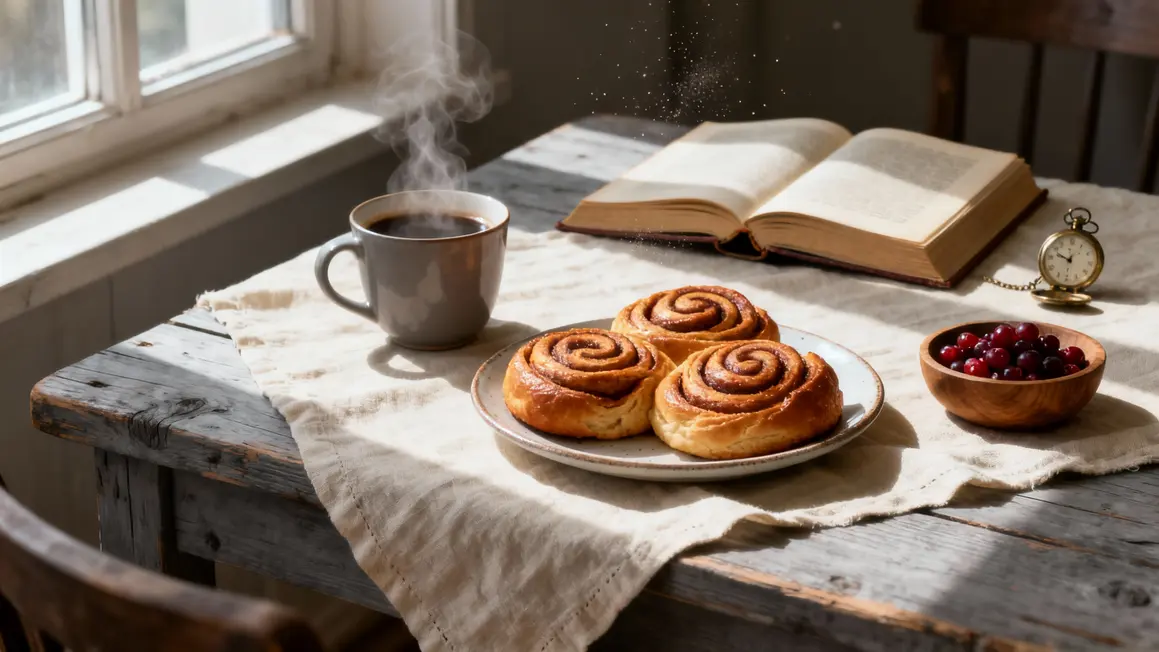 kanelbullar sur assiette et café dans décor bois nordique