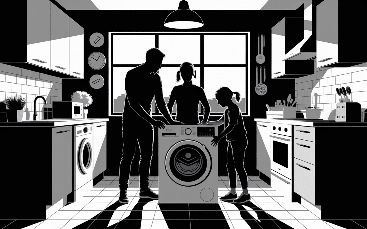 Famille installe un lave linge Indesit compact urbain Lyon