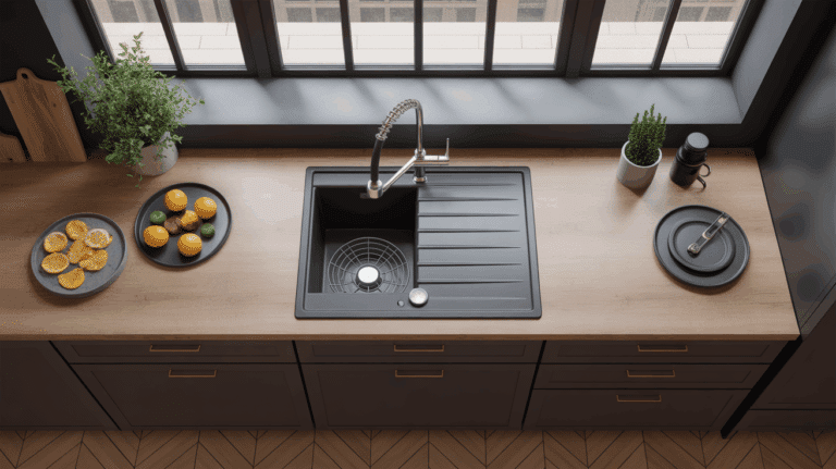 vue cuisine moderne avec lave vaisselle noir Lyon